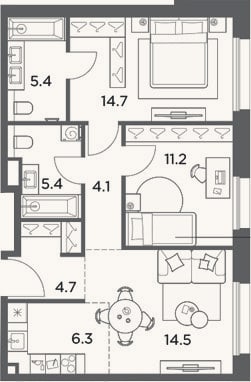 Планировка: 3-к, 66,3 м²