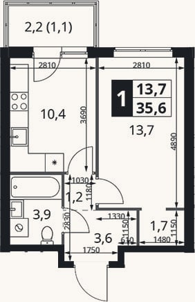 Планировка: 1-к, 34,5 м²