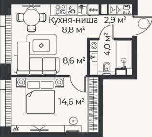 Планировка: 2-к, 38,9 м²