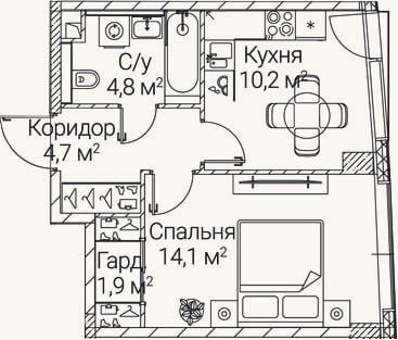 Планировка: 1-к, 35,7 м²
