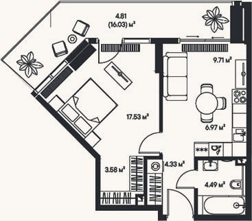 Планировка: 2-к, 46,6 м²