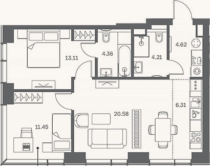 Планировка: 3-к, 65,9 м²