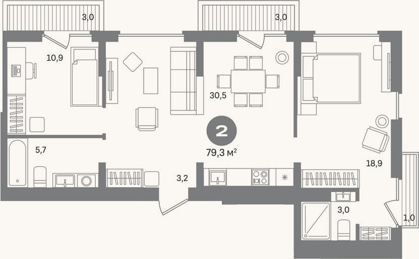 Планировка: 2-к, 72,3 м²