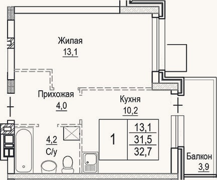 Планировка: 1-к, 31,5 м²