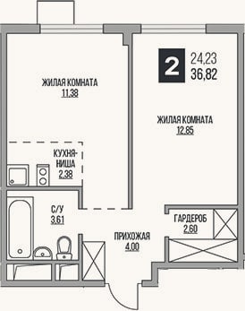 Планировка: 2-к, 36,8 м²