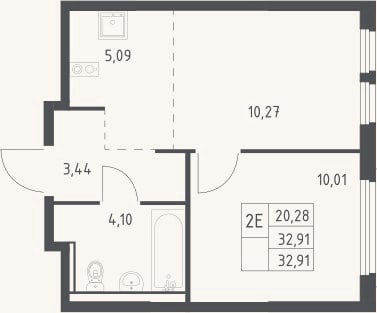 Планировка: 2-к, 32,9 м²