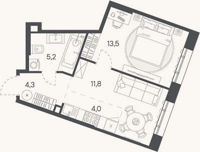 Планировка: 2-к, 38,8 м²