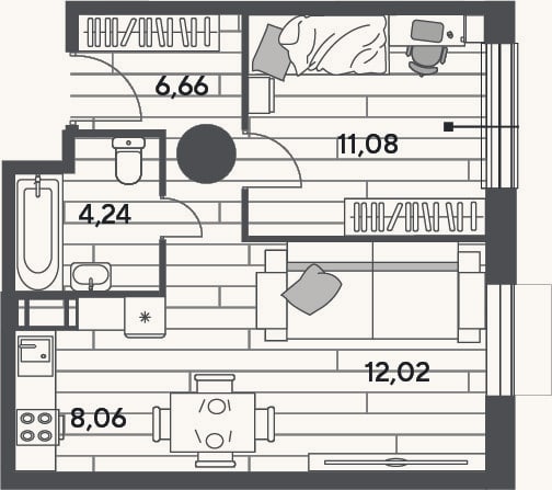Планировка: 2-к, 42,1 м²