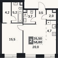 Планировка: 2-к, 58,8 м²