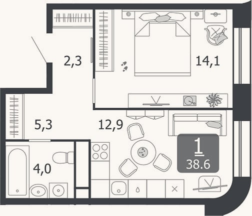 Планировка: 1-к, 38,6 м²