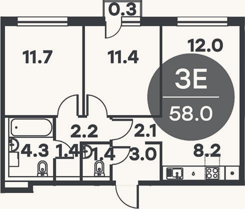 Планировка: 3-к, 57,7 м²