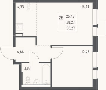 Планировка: 2-к, 38,3 м²