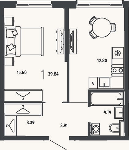 Планировка: 1-к, 39,8 м²