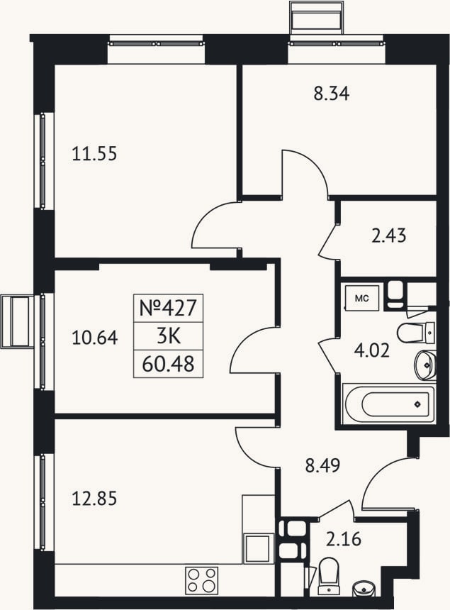 Планировка: 3-к, 60,5 м²