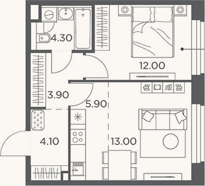 Планировка: 2-к, 43,2 м²