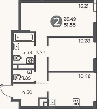 Планировка: 2-к, 51,6 м²