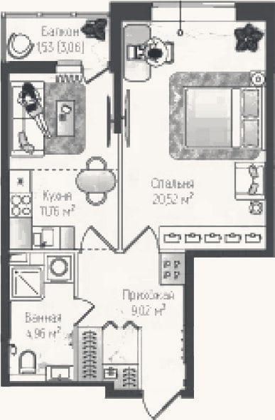 Планировка: 1-к, 46,3 м²
