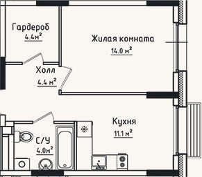 Планировка: 1-к, 37,9 м²