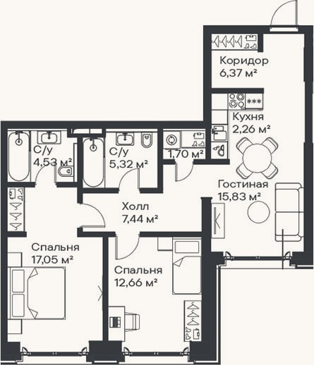 Планировка: 3-к, 73,2 м²