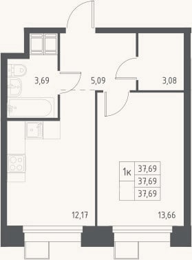 Планировка: 1-к, 37,7 м²
