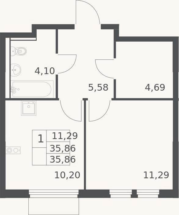 Планировка: 1-к, 35,9 м²