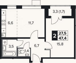 Планировка: 2-к, 45,7 м²