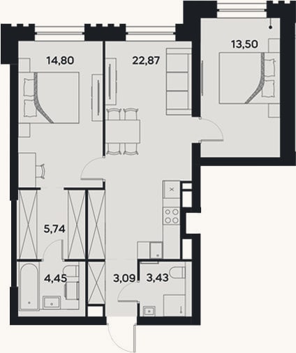 Планировка: 3-к, 67,9 м²
