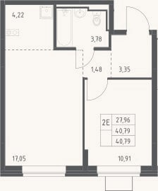 Планировка: 2-к, 40,8 м²