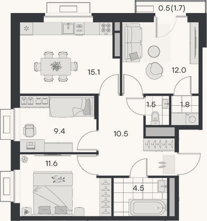 Планировка: 3-к, 66,4 м²