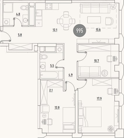 Планировка: 4+ к, 91,4 м²