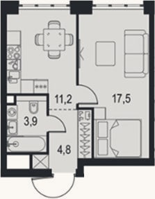 Планировка: 1-к, 37,4 м²