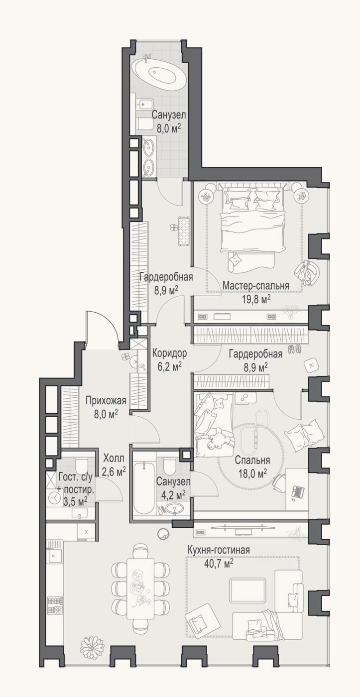 Планировка: 3-к, 128 м²