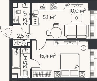 Планировка: 2-к, 38,8 м²
