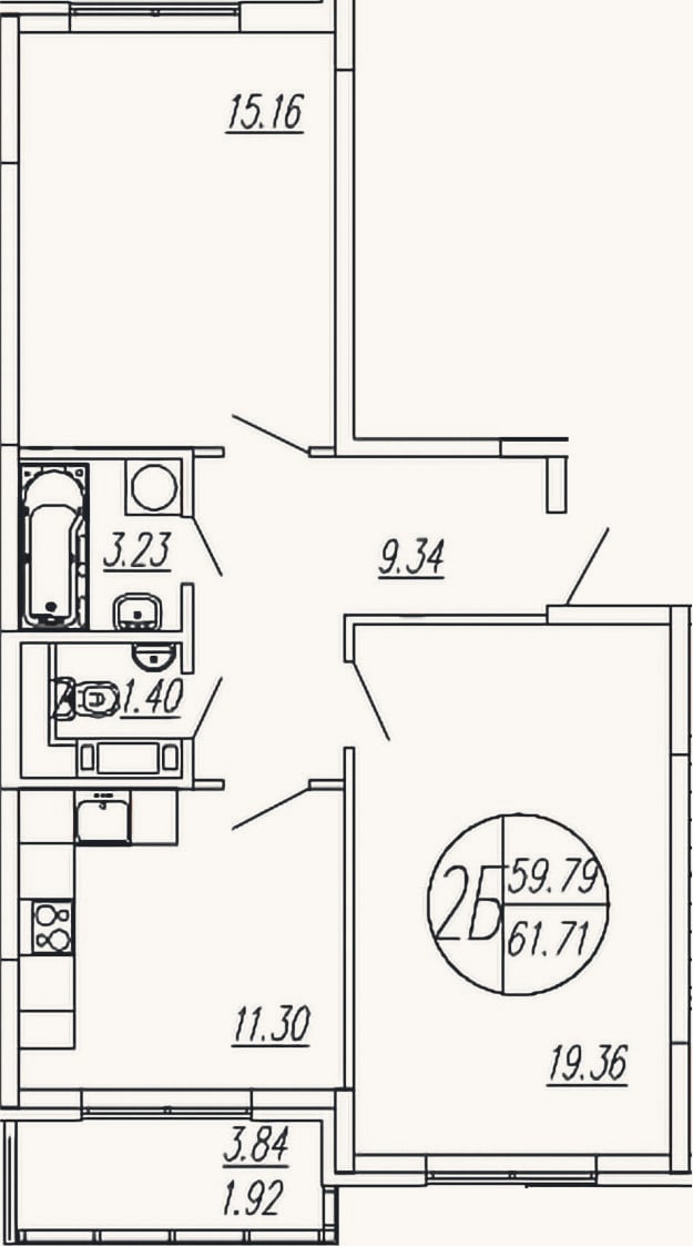 Планировка: 2-к, 59,8 м²