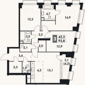 Планировка: 4+ к, 91,7 м²