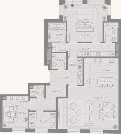 Планировка: 2-к, 124,3 м²
