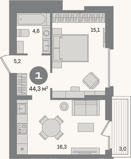 Планировка: 1-к, 41,3 м²