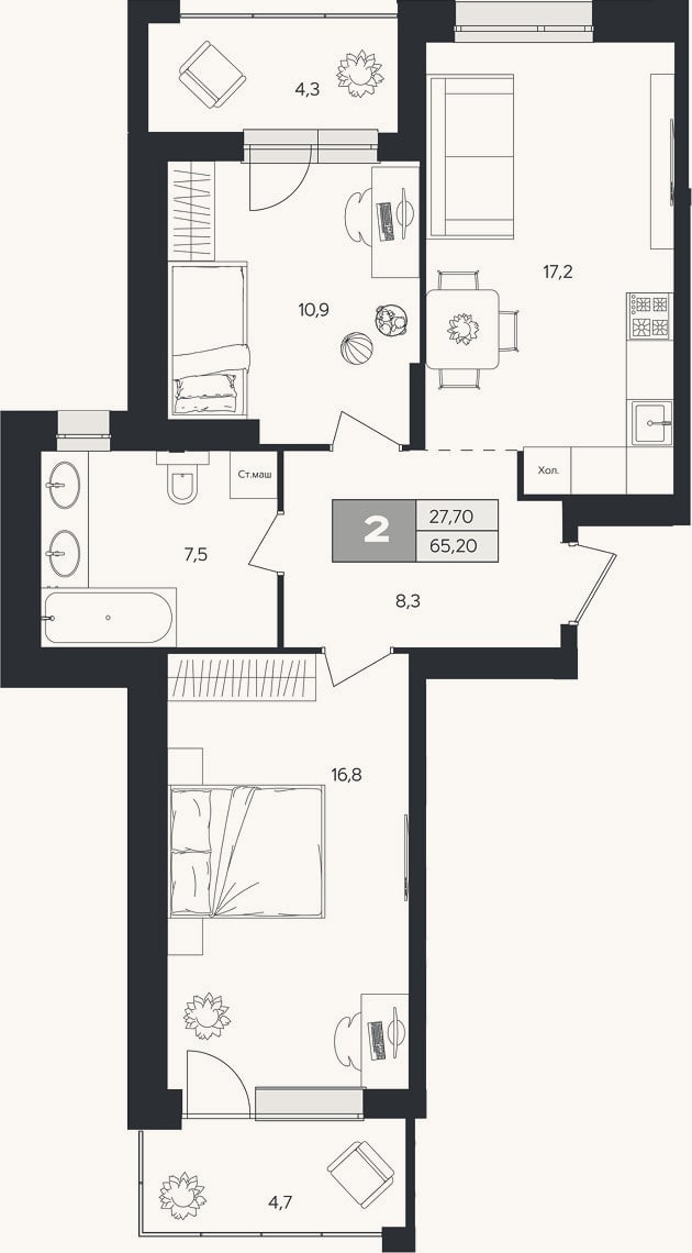 Планировка: 2-к, 60,7 м²