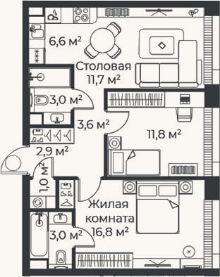 Планировка: 3-к, 60,4 м²