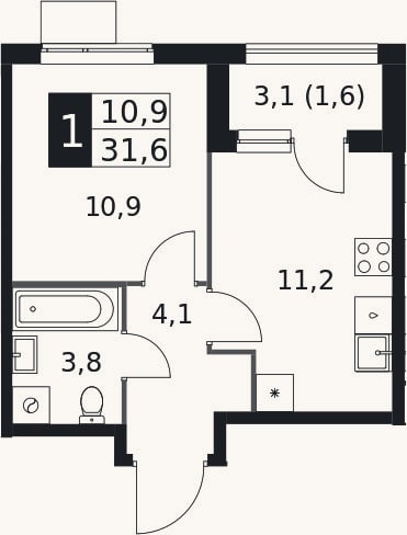 Планировка: 1-к, 30 м²