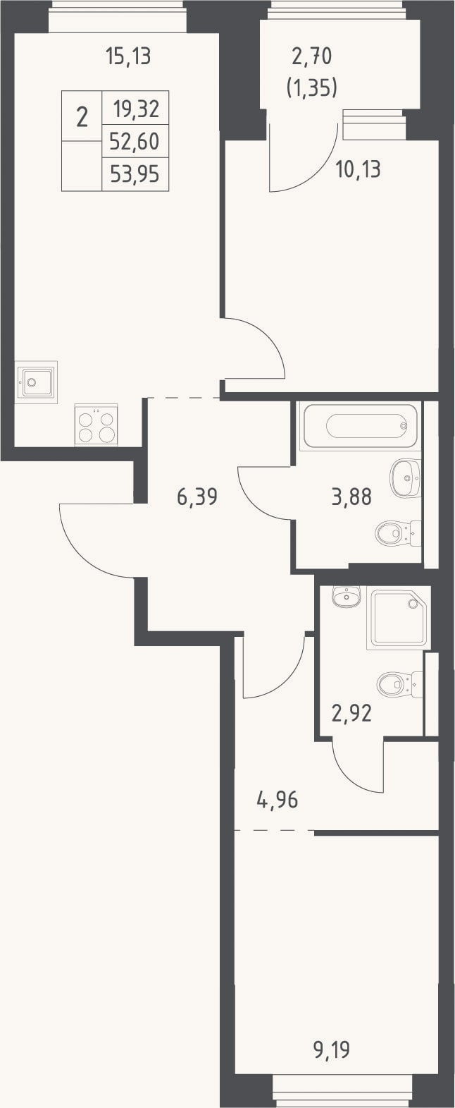 Планировка: 3-к, 52,6 м²