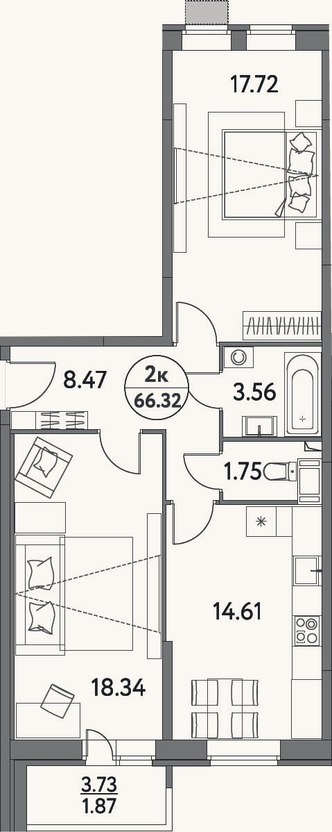 Планировка: 2-к, 64,5 м²
