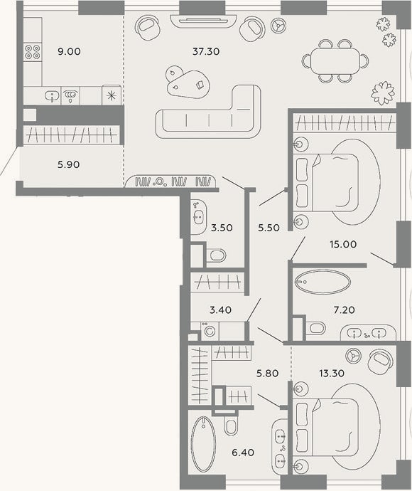 Планировка: 3-к, 112,3 м²