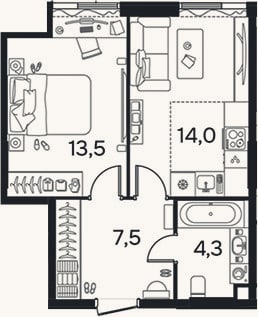 Планировка: 1-к, 39,3 м²