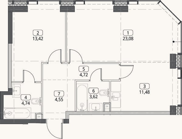 Планировка: 2-к, 65,6 м²