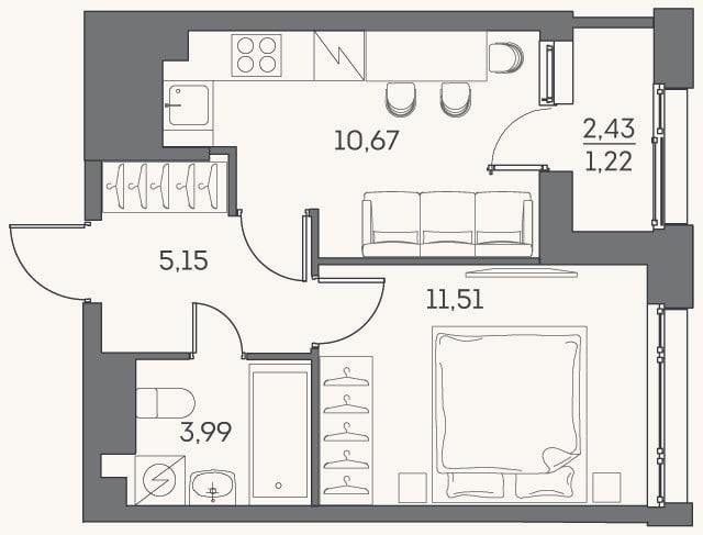 Планировка: 1-к, 31,3 м²