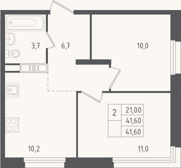 Планировка: 2-к, 41,6 м²