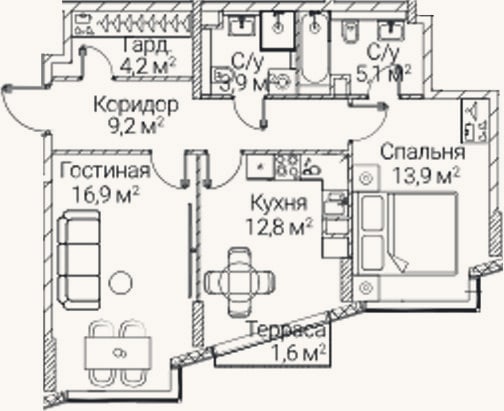 Планировка: 2-к, 64,9 м²