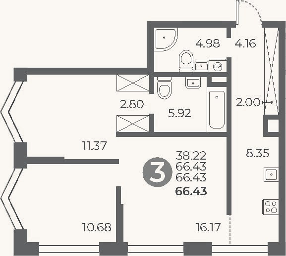 Планировка: 2-к, 66,4 м²