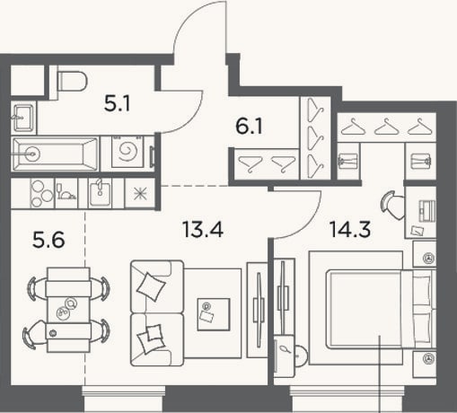 Планировка: 1-к, 44,5 м²